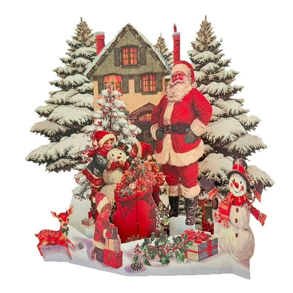 3D Christmas Card Night Before Christmas Scene, With Santa, Reindeer, Snowy Village, Moonlit Sky, Festive Holiday Greeting Card