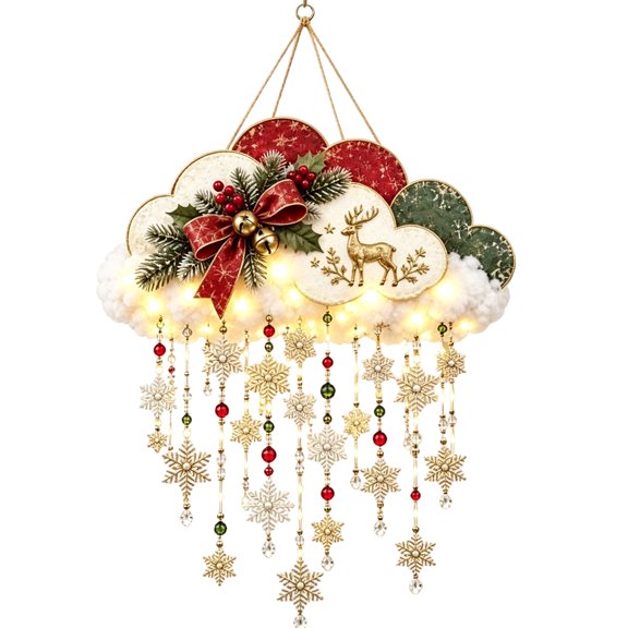 3D Christmas Cloud Hanging Ornament with LED Lights – Snowflake Bead Tassel Bow Holly Bell, Battery Operated Lighted Xmas Decor for Window Ceiling Mantel Home Party (1PC)
