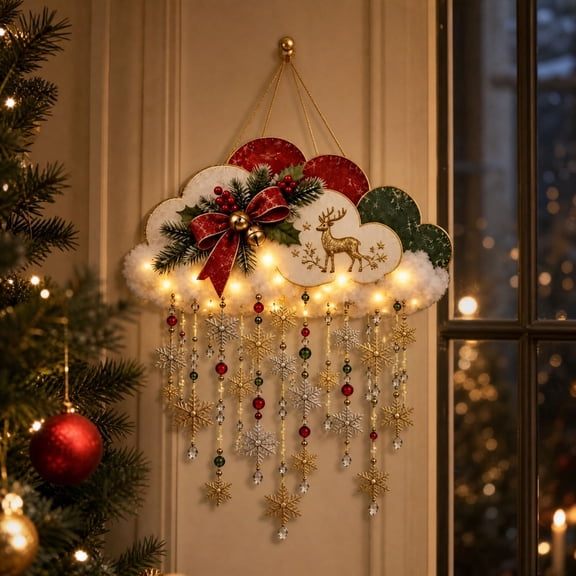3D Christmas Cloud Hanging Ornament with LED Lights Snowflake Bead Tassel Reindeer Bow Holly Bell for Window Ceiling Holiday Home Accent