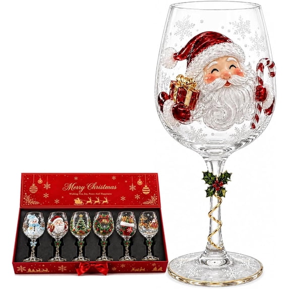 3D Christmas Collectible Stemmed Glass – 6 Festive Designs, Christmas 3D Wine Glass Collection Gift Box Set, Festive Glassware for Wine, , Holiday Party & Table Decor