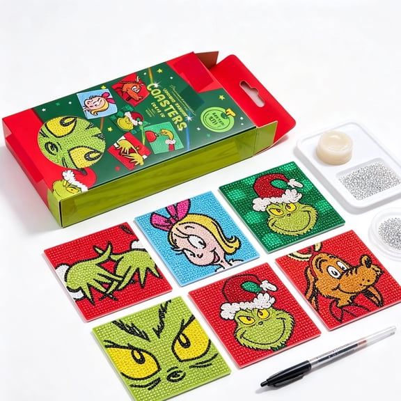 3D Christmas Diamond Painting Coasters Kit 2026 Green Monster DIY Diamond Art Coasters Full Drill Rhinestone Craft Set with Tools for Adults Kids Beginners,6pcs