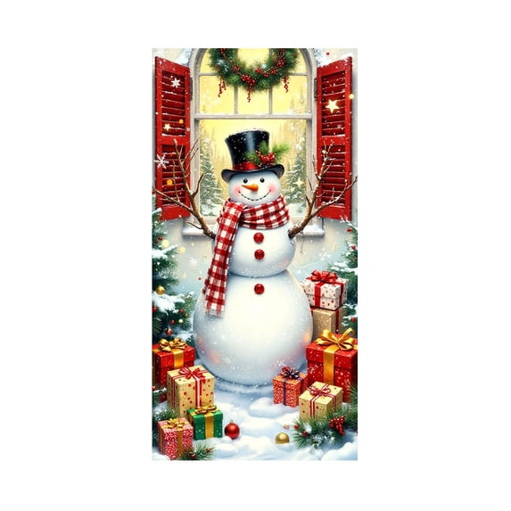 3D Christmas Door Cover Flag – 70.87x35.43in Polyester Door Banner with Snowman, Santa & Tree Print for Holiday Porch & Entrance Decoration