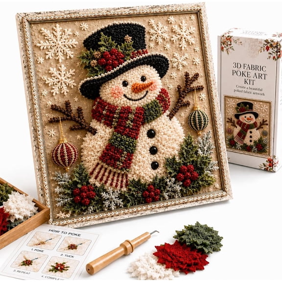 3D Christmas Fabric Poke Art Kit, 3D Fabric Poke Art Kit for Adults with Pre-Cut Squares, Adult DIY Needle Punch Craft Kit, Vintage Holiday Handmade Christmas Decorations