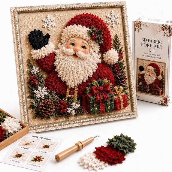 3D Christmas Fabric Poke Art Kit, Beginner-Friendly DIY Craft Set with Fabric Pieces and Poking Tool, No-Sew Holiday Art Project for Creative Hobbies and Gifts,Waving Santa
