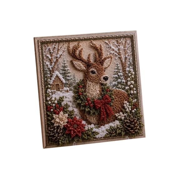 3D Christmas Fabric Poke Art Kit,Christmas Diy Punch Needle Kit For Beginners,Fabric Set Wooden Punching Tool Display Stand Picture Frame Illustrated Instruction.(Reindeer)