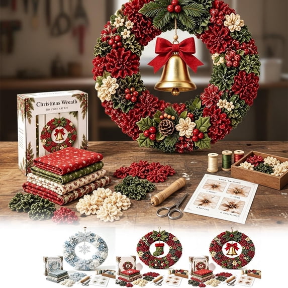 3D Christmas Fabric Poke Art Kit, Christmas Wreath DIY Kit for Adults, Quilted Fabric Art Kit with Easy Step-by-Step Guide