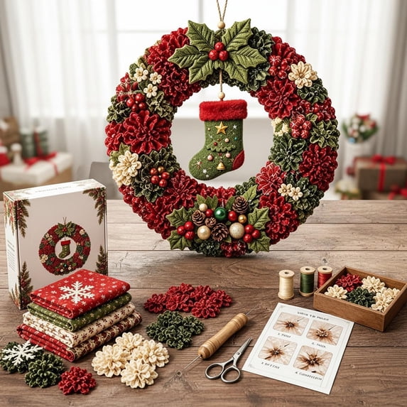 3D Christmas Fabric Poke Art Kit, Christmas Wreath DIY Kit for Adults, Quilted Fabric Art Kit with Easy Step-by-Step Guide