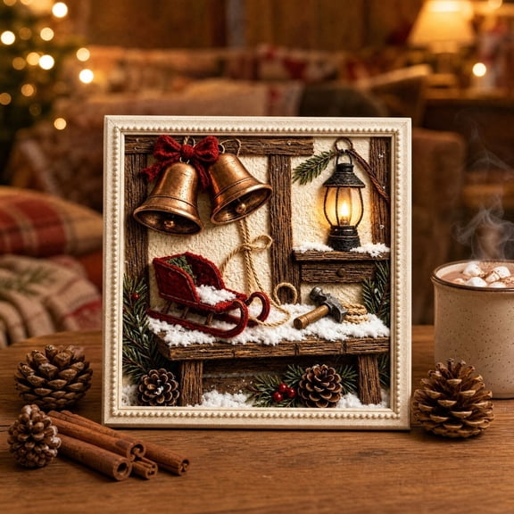 3D Christmas Fabric Poke Art Kit, No-Sew DIY Holiday Painting Craft, Sleigh & Bells Design with Poke Tool and Display Stand for Tabletop, Mantel and Christmas Home Decor