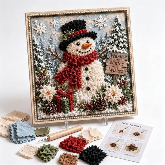 3D Christmas Fabric Poke Art Kit, No-Sew Winter Wreath Craft Set, DIY Textured Framing Art, Handmade Soft Fabric & Wood Tool, Holiday Wall & Table Decor