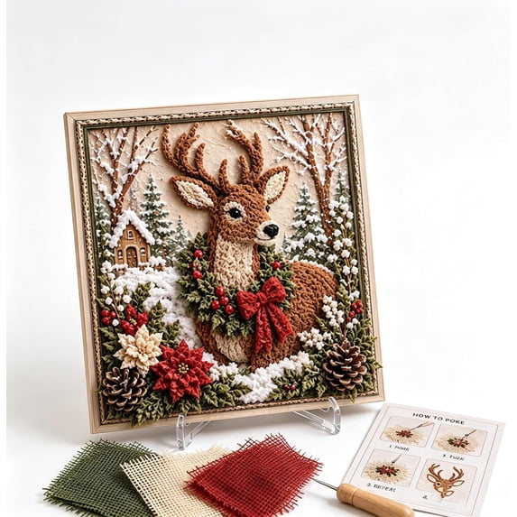 3D Christmas Fabric Poke Art Kit, No-Sew Winter Wreath Craft Set, DIY Textured Framing Art, Handmade Soft Fabric & Wood Tool, Holiday Wall & Table Decor