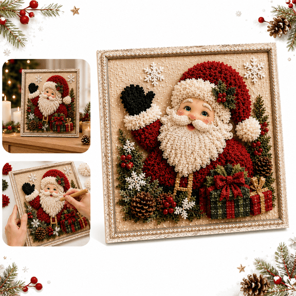 3D Christmas Fabric Poke Art Kit Santa Theme DIY Textile Craft Set, Vintage Holiday Decoration for Adults and Beginners 7.87in