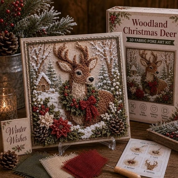 3D Christmas Fabric Poke Art Kit, No Sew DIY Holiday Craft Kit for Adults, Beginner Vintage Christmas Fabric Poking Craft Set with Display Stand, Handmade Holiday Home Decor Art