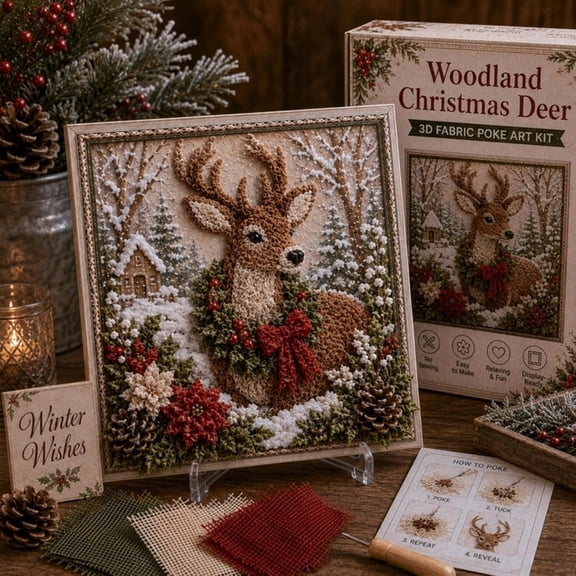 3D Christmas Fabric Poke Art Kit, No Sew DIY Holiday Craft Kit for Adults, Beginner Vintage Christmas Fabric Poking Craft Set with Display Stand, Handmade Holiday Home Decor Art(D)