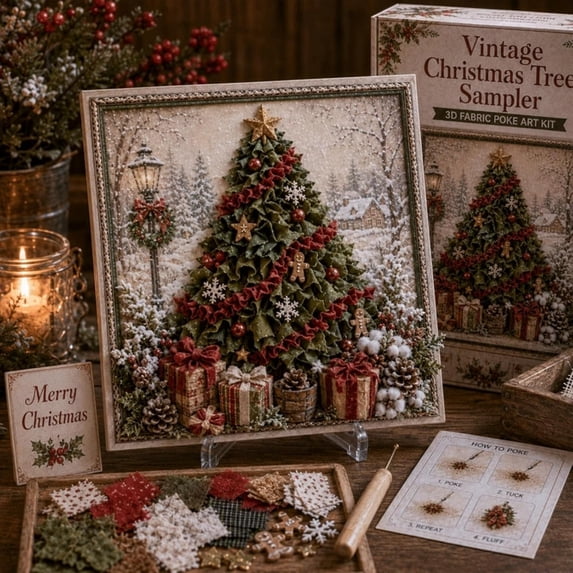 3D Christmas Fabric Poke Art Kit, No Sew DIY Holiday Craft Kit for Adults, Beginner Vintage Christmas Fabric Poking Craft Set with Display Stand, Handmade Holiday Home Decor Art(A)