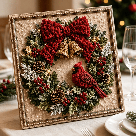3D Christmas Fabric Poke Art Kit, Winter Cardinal Holly Wreath Framed DIY Craft Supplies, 2026 Retro Xmas Embroidery Wall Hanging Decor for Adult Crafters
