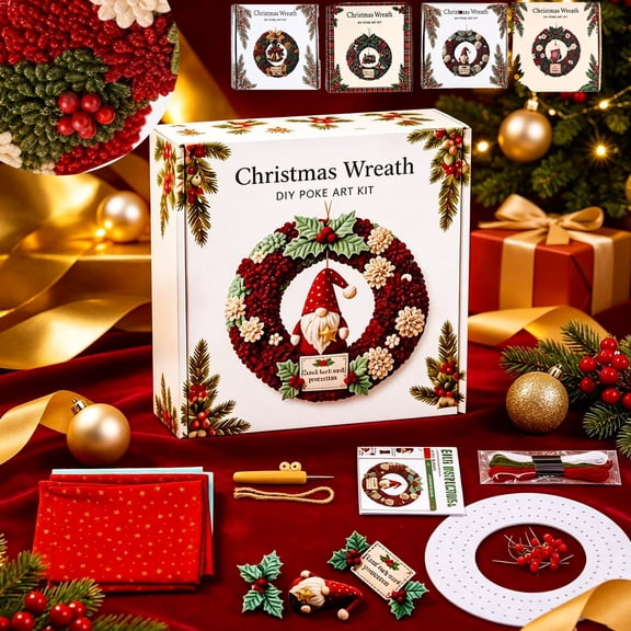 3D Christmas Fabric Poke Wreath Art Kit,Handmade Fabric Poke Art Kit DIY for Fireplace Mantel Desktop Ornaments,Vintage Holiday Craft Tabletop Decoration Kit Gift for Adults & Beginner