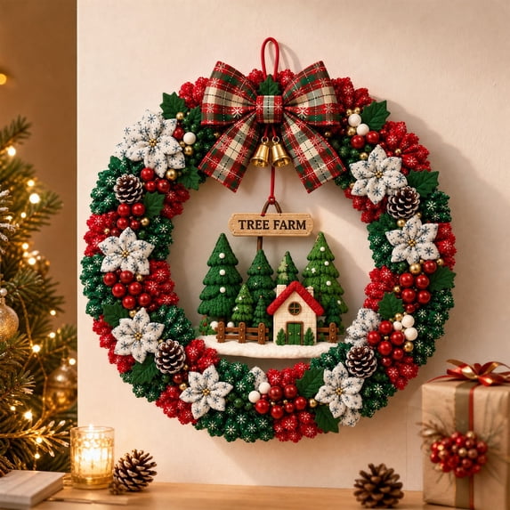3D Christmas Fabric Poke Wreath DIY Kit, Fabric Poke Art Kit for Adults, Christmas Wreath DIY No-sew Craft Kits, Classic Holiday Wreath Craft Gift for Door and Wall Home Display
