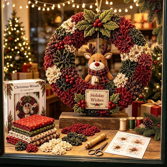 3D Christmas Fabric Wreath DIY Kit, DIY Patchwork Kit with Pattern and Supplies,Handmade Holiday Craft Decoration Set for Beginners Front Door
