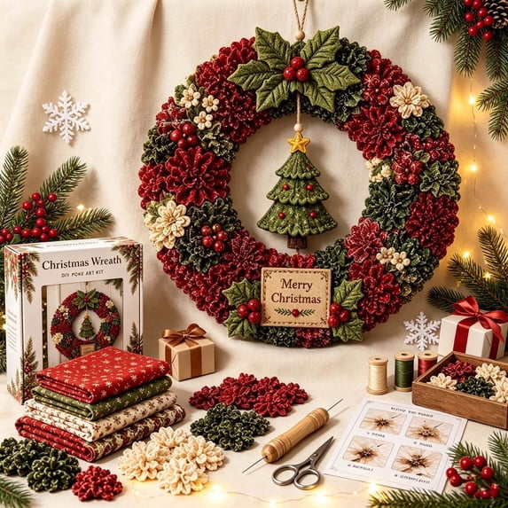 3D Christmas Fabric Wreath DIY Kit, DIY Patchwork Kit with Pattern and Supplies,Handmade Holiday Craft Decoration Set for Beginners Front Door