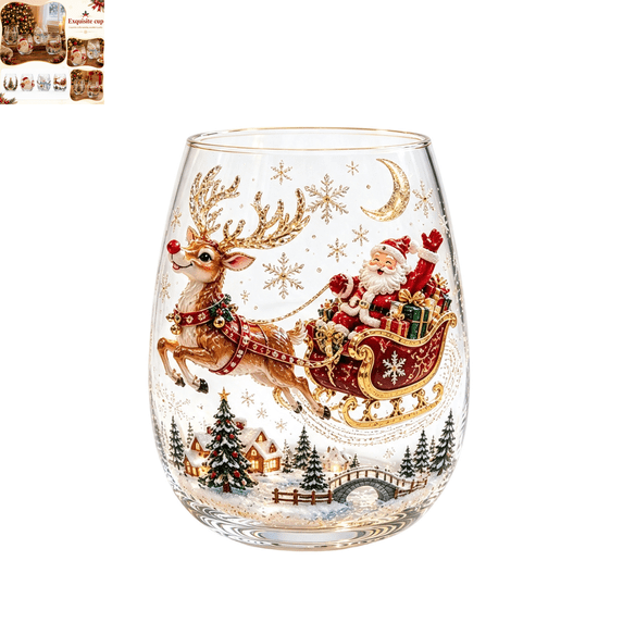 3D Christmas Glass Art Cup, 3D Relief Clear Stemless Wine Glass, Festive Christmas Themed Drinkware for Home Bar, Christmas Party and Family Gathering Decoration B