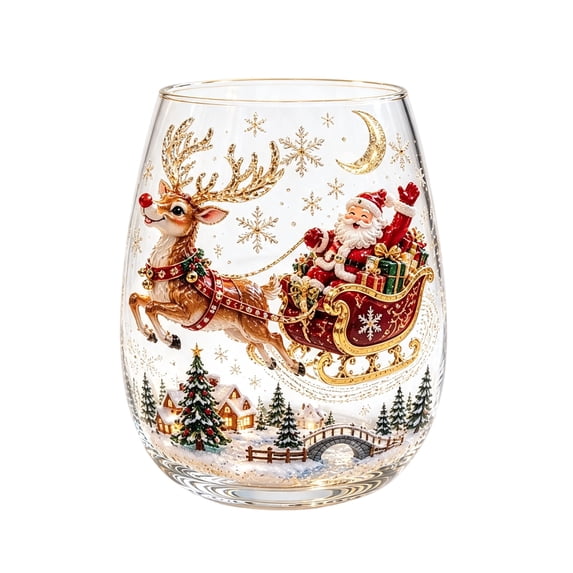 3D Christmas Glass Art Cup 3D Xmas Drinking Glass Cup Collection | Christmas Glassware Art Stemless Wine Glasses, Handcrafted Festive Holiday Glassware for Xmas Party Home Decor Gift(Reindeer)