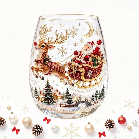 3D Christmas Glass Art Cup 3D Xmas Drinking Glass Cup Collection Christmas Glassware Art Stemless Wine Glasses Handcrafted Festive Holiday Glassware for Xmas Party Home Decor Gifts