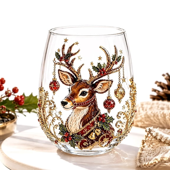 3D Christmas Glass Art Cup 3D Xmas Drinking Glass Cup Collection, Christmas Glassware Art Stemless Wine Glasses, Handcrafted Festive Holiday Glassware for Xmas Party Home Decor Gifts