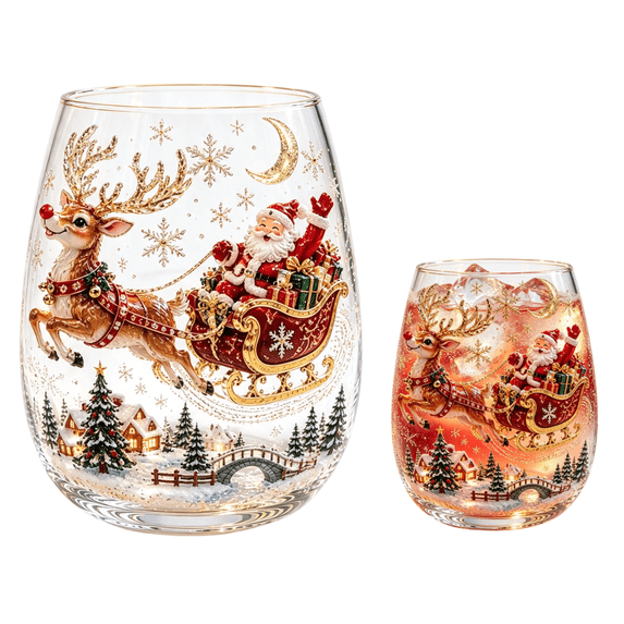3D Christmas Glass Art Cup, Christmas Cups Glass Luxury Raised Holiday Glassware for Drinks, 3D Santa Stemless Wine Glasses, Glassware for Coffee, Tea, Juice, Milk,(Reindeer)