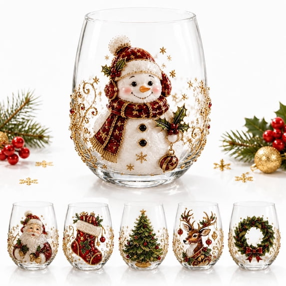 3D Christmas Glass Art Cup, Christmas Cups Glass,Luxury Raised Holiday Glassware for Drinks, 3D Santa Stemless Wine Glasses, Glassware for Coffee, Tea, Juice, Milk,(Snowman)