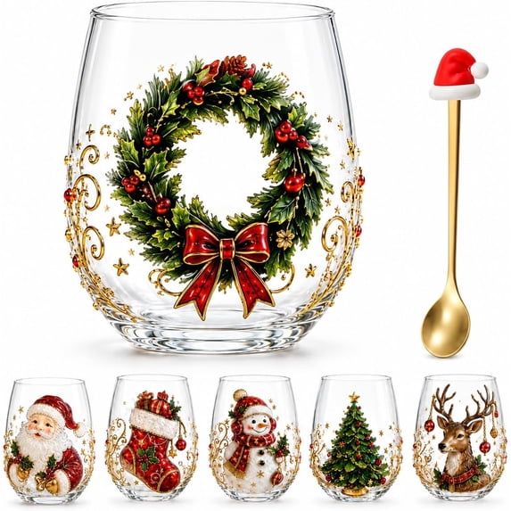 3D Christmas Glass Art Cup, Christmas Cups Stemless Wine Glasses Holiday Glassware, Xmas Party Home Festive Decor Gifts