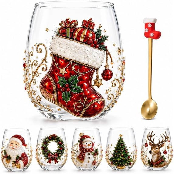 3D Christmas Glass Art Cup, Christmas Cups Stemless Wine Glasses Holiday Glassware, Xmas Party Home Festive Decor Gifts