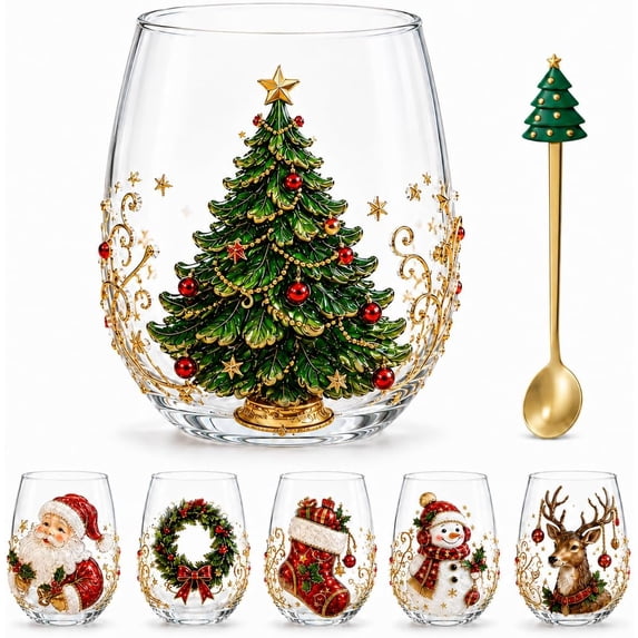 3D Christmas Glass Art Cup, Christmas Cups Stemless Wine Glasses Holiday Glassware, Xmas Party Home Festive Decor Gifts