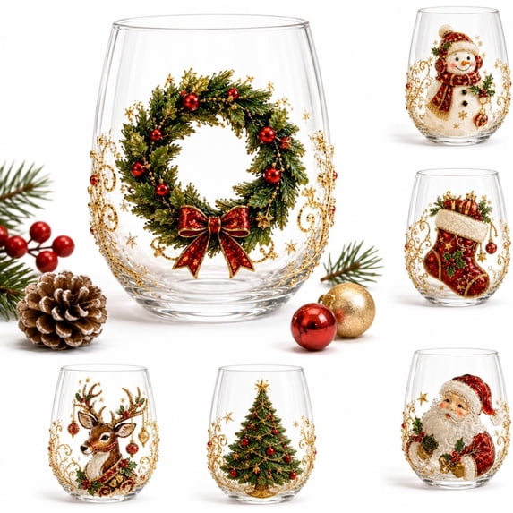3D Christmas Glass Art Cup, Christmas Cups Stemless Wine Glasses Holiday Glassware, Xmas Party Home Festive Decor Gifts