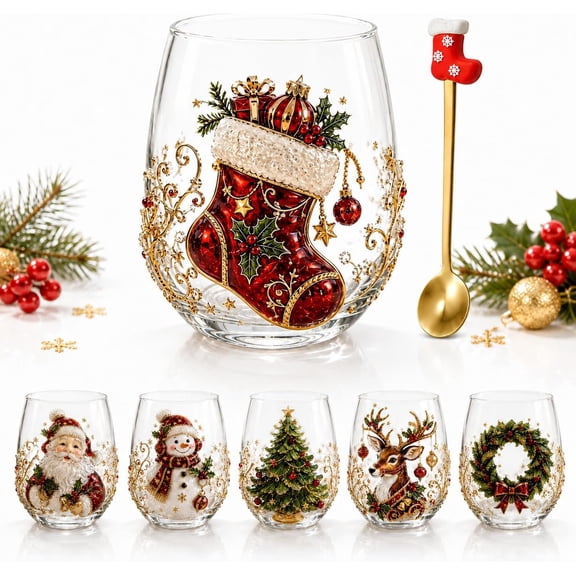 3D Christmas Glass Art Cup Raised Holiday Glassware, Decor Gift (all) | Handmade Christmas Glass Cup for Drinks Coffee, Tea, Wine & Cocktails Holiday Party Glassware & Gifts