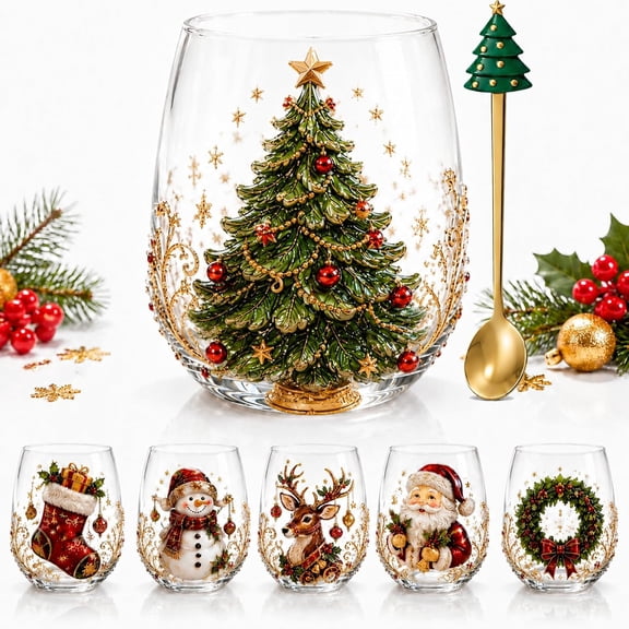 3D Christmas Glass Art Cup Raised Holiday Glassware, Decor Gift (all) | Handmade Christmas Glass Cup for Drinks Coffee, Tea, Wine & Cocktails Holiday Party Glassware & Gifts