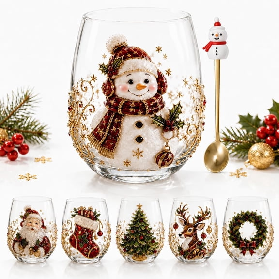 3D Christmas Glass Art Cup Raised Holiday Glassware, Decor Gift (all) | Handmade Christmas Glass Cup for Drinks Coffee, Tea, Wine & Cocktails Holiday Party Glassware & Gifts