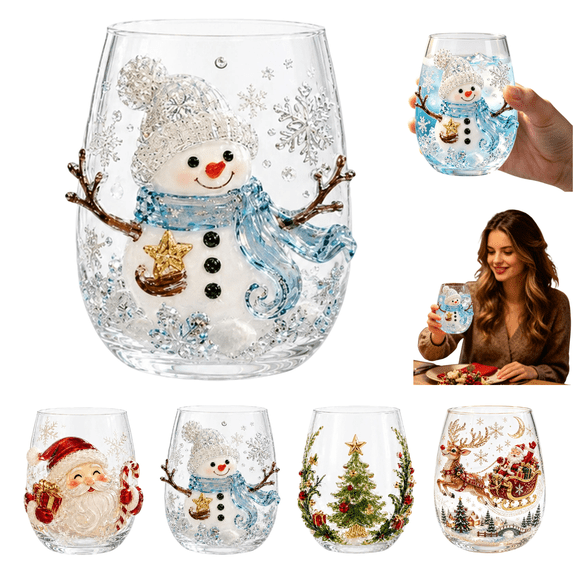 3D Christmas Glass Art Cup, Raised Santa Claus Stemless Wine Glass, Holiday Drinking Glass for Cocktails, Juice, Iced Coffee and Sparkling Water, Festive Table Decor Gift(Snowman)