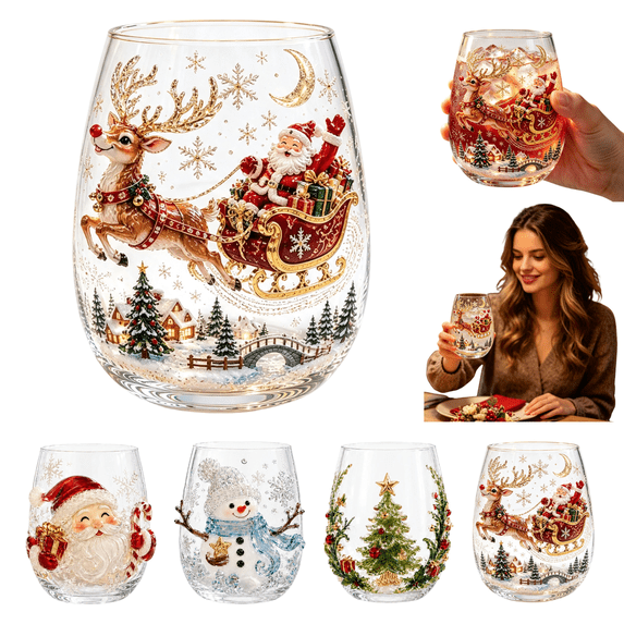 3D Christmas Glass Art Cup, Raised Santa Snowman Stemless Wine Glass, Festive Holiday Barware Tumbler & Winter Table Decor, Xmas Cocktail Beverage Drinking Gift(Reindeer)
