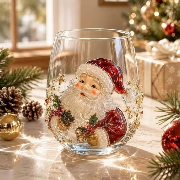 3D Christmas Glass Art Cup, Raised Stemless Wine Glass Creative Festive Drinking Glassware for Coffee, Tea, Milk, Juice, Xmas Party Home Decor, Christmas Gift