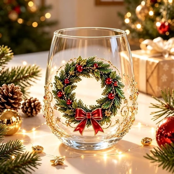 3D Christmas Glass Art Cup, Raised Stemless Wine Glass Creative Festive Drinking Glassware for Coffee, Tea, Milk, Juice, Xmas Party Home Decor, Christmas Gift