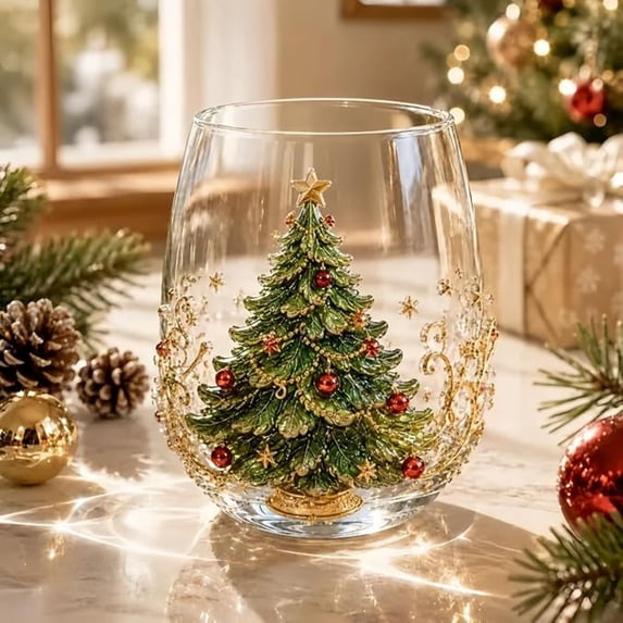3D Christmas Glass Art Cup, Raised Stemless Wine Glass Creative Festive Drinking Glassware for Coffee, Tea, Milk, Juice, Xmas Party Home Decor, Christmas Gift