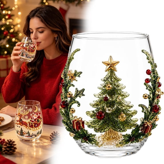 3D Christmas Glass Art Cup, Santa Snowman Reindeer Tree Drinking Glasses, Christmas Stemless Wine Glasses, 3D Drinking Glass Cup for Coffee Cocktails Whiskey Soda, Unique Christmas Gift(D)