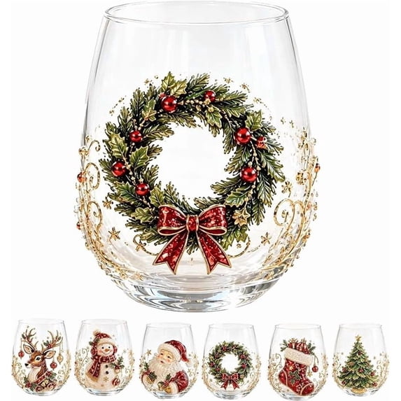 3D Christmas Glass Art Cup Santa Snowman Reindeer Tree Drinking Glasses F Christmas Stemless Wine Glasses 3D Drinking Glass Cup for Coffee Cocktails Whiskey Soda Unique Christmas Gift,C