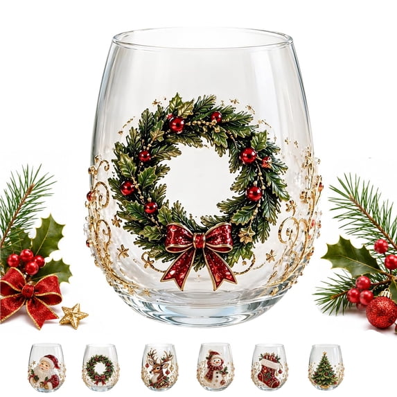 3D Christmas Glass Art Cup Set, Raised Holiday Glassware, Handmade Snowman Drinking Glass for Wine Coffee Tea, Xmas Party Festive Home Decor(Wreath)