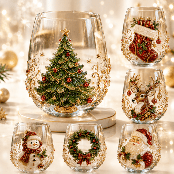 3D Christmas Glass Art Cup, Stemless Holiday Drinking Glass with Raised Santa Snowman Reindeer Tree Wreath Stocking Design, Decorative Christmas Cup for Coffee Cocktail Juice Water Gift