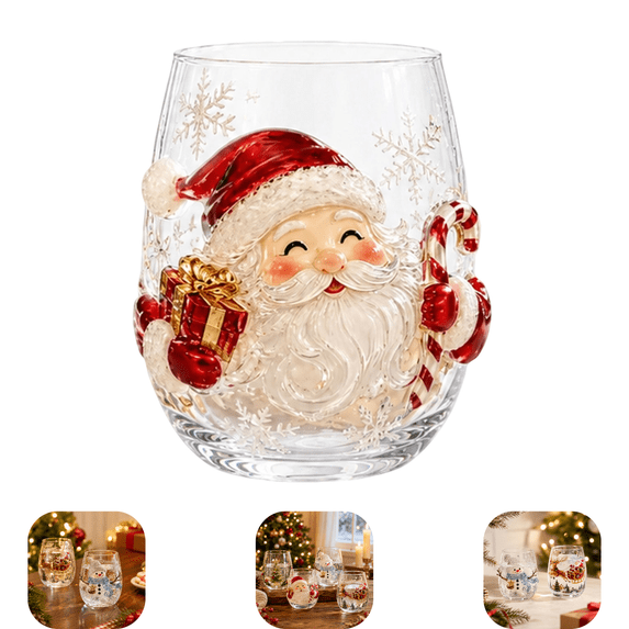 3D Christmas Glass Art Cup,Stemless Wine Glass for Holiday Drinks Luxury,Raised Holiday Glassware,Raised 3D Design for Coffee,Tea,Juice,Milk,Xmas Party Suitable for Serving Hot or Cold 1Pc A