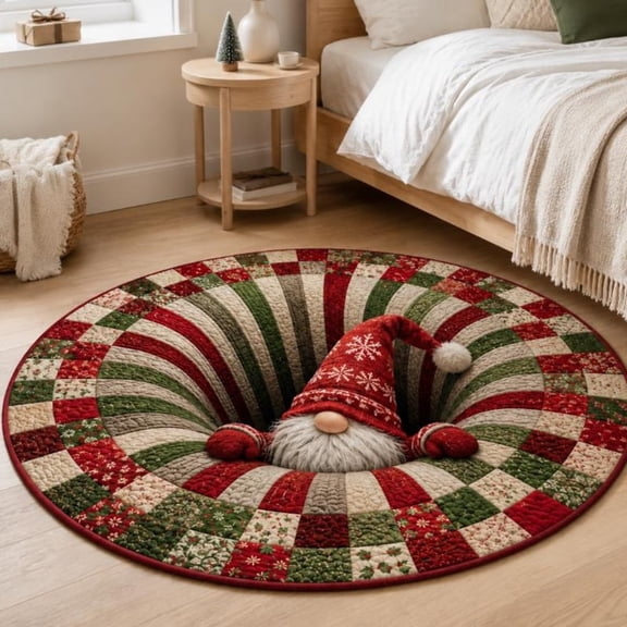 3D Christmas Gnome Vortex Rug, Round Optical Illusion Area Rug, Holiday Gnome Floor Mat, Christmas Living Room Decor