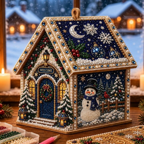 3D Christmas House Diamond Art Kit for Adults,Wooden Pearl Art Craft Kit | 3D Diamond Art, Christmas Diamond Painting, DIY Christmas Crafts for Adults, Holiday Decor