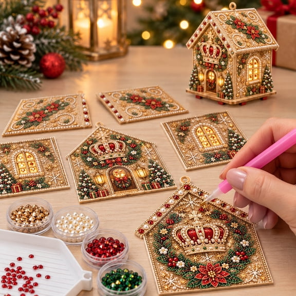 3D Christmas House Diamond Painting Kit, Christmas Crown Wooden DIY Ornament Craft with Hanging Loop for Christmas Tree, Mantel, Shelf and Tabletop Decor, 5.7 Inch