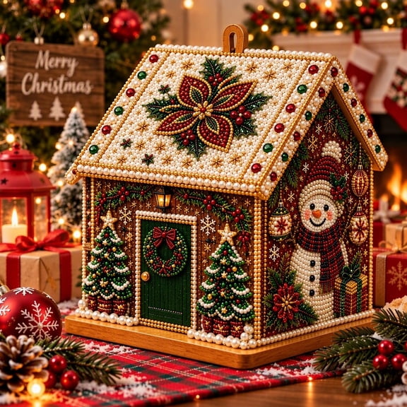 3D Christmas House Diamond Painting Kit, Wooden Pearl Art DIY Craft for Holiday Tabletop Decor, Festive Christmas Decoration
